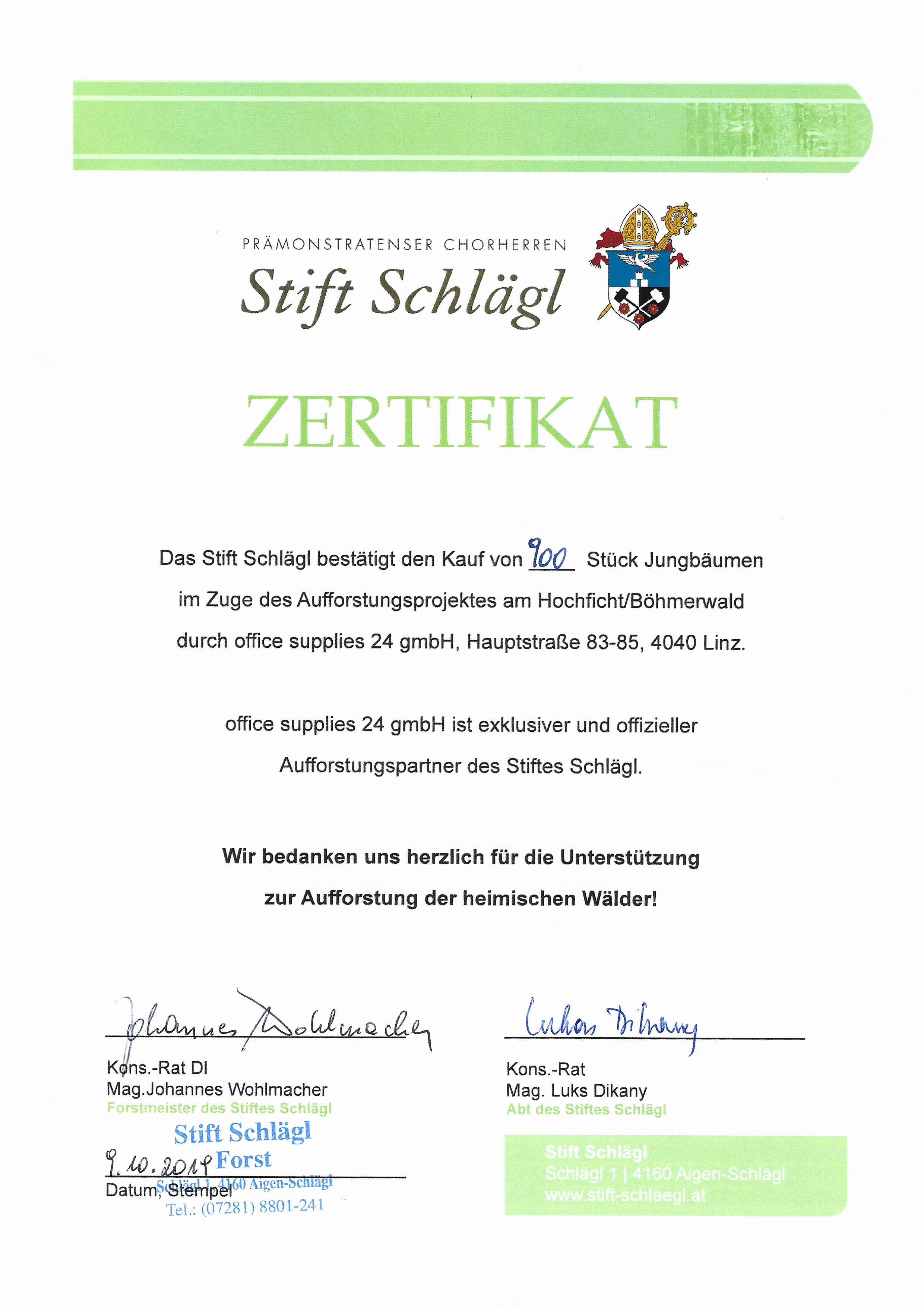 Zertifikat Baumkauf Stift Schlägl | office supplies 24