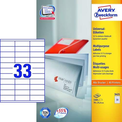 Universaletiketten 70x25,4 weiß AVERY ZWECKFORM 3421