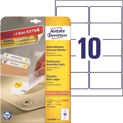 Avery Zweckform L4744REV-25 selbstklebendes Etikett Rechteck Entfernbar Weiß 300 Stück(e)