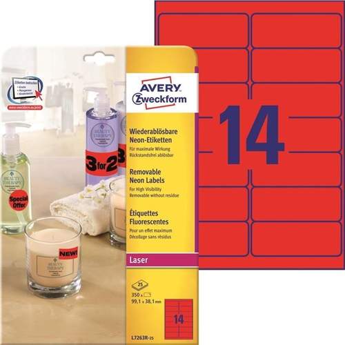 Avery L7263R-25 selbstklebendes Etikett Abgerundetes Rechteck Rot 350 Stück(e)