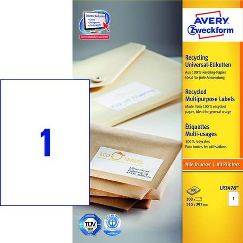 Universaletiketten 210x297 weiß AVERY ZWECKFORM LR3478 Recycling