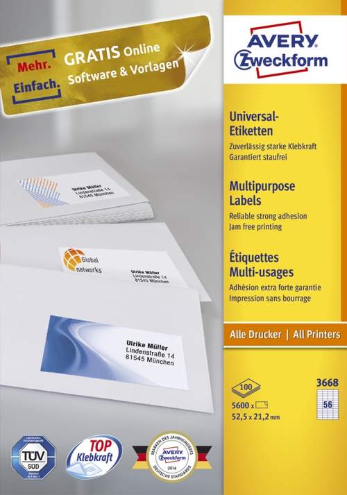 Universaletiketten 52,5x21,2 w AVERY ZWECKFORM 3668