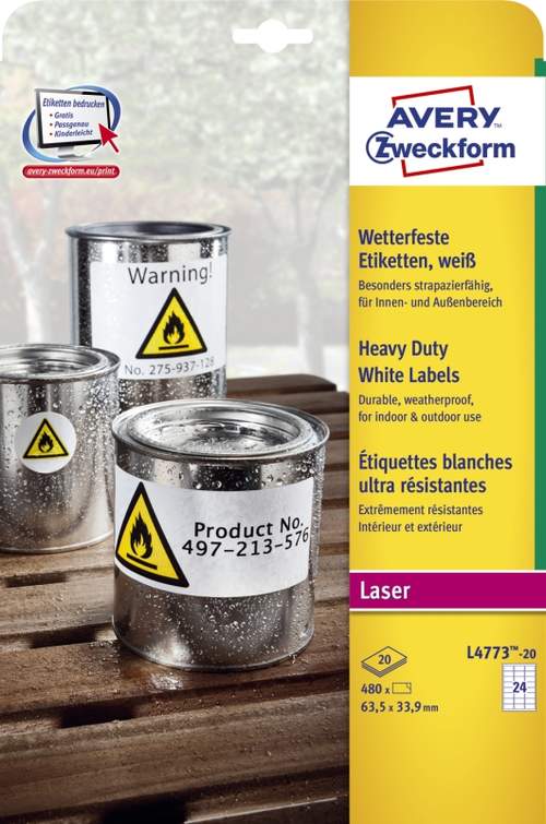 Folienetiketten 63,5x33,9 weiß AVERY ZWECKFORM L4773-20 wetterfest