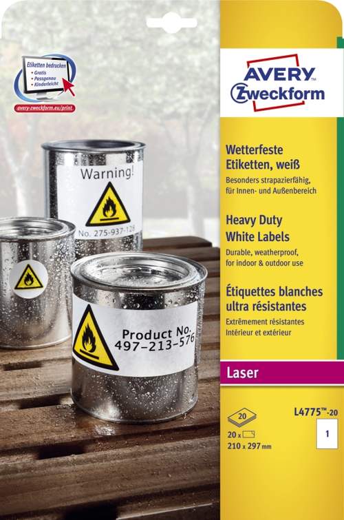 Folienetiketten 210x297 weiß AVERY ZWECKFORM L4775-20 wetterfest