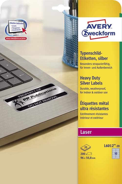 Folienetiketten 96x50,8 silber AVERY ZWECKFORM L6012-20 wetterfest